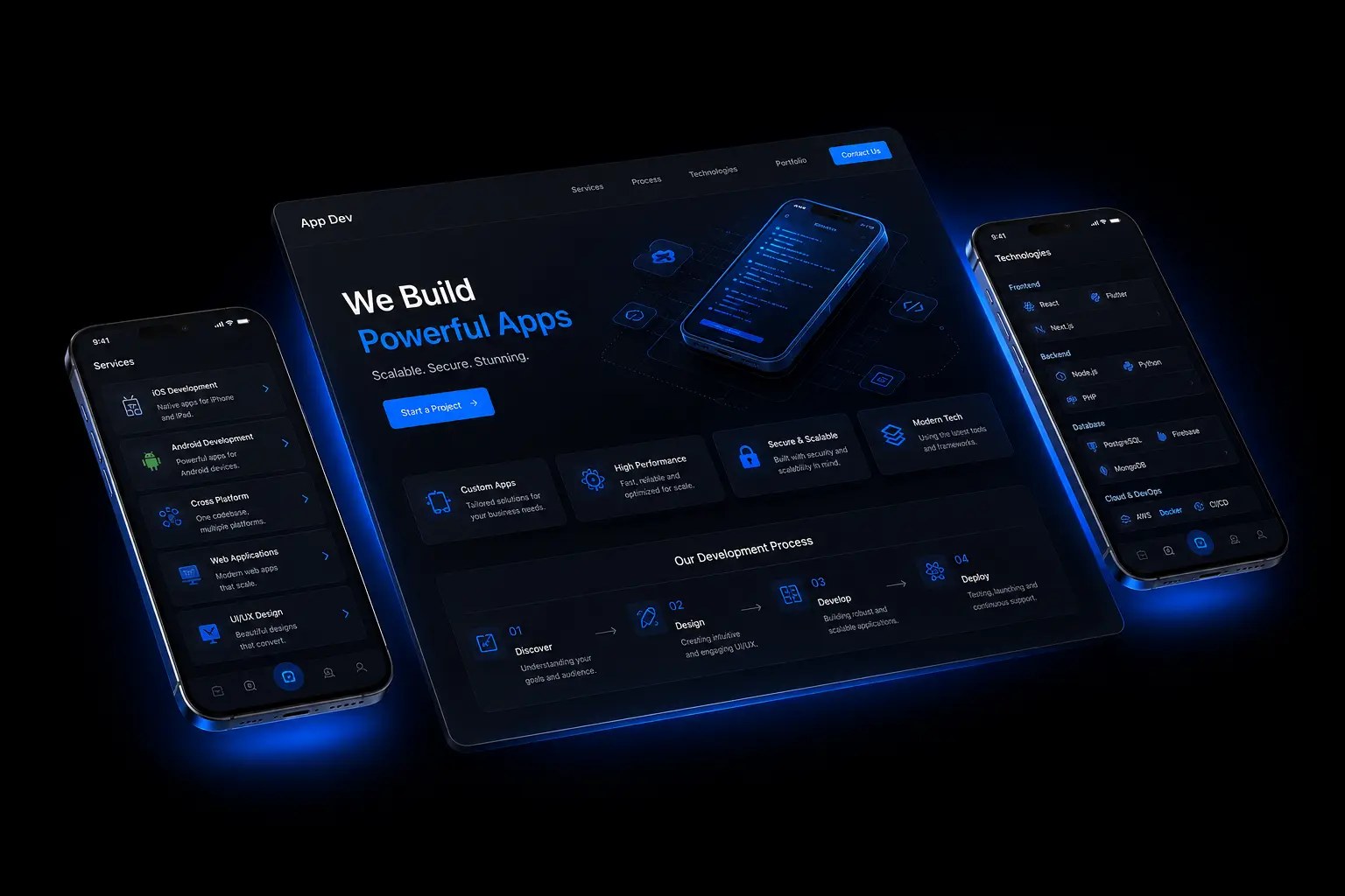 Futuristic tech app development interface